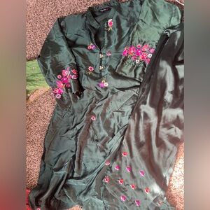 Silk green with colorful embroidery. Kurti and trouser